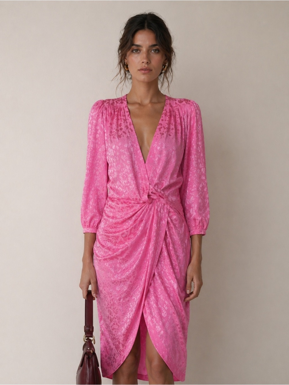 Zadig & Voltaire NWT Silk Jacquard Pink Midi Dress Draped Waist $698